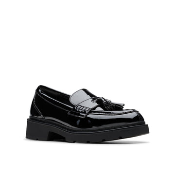 Girls Clarks Lauryl Tassel School Shoes - Black Patent