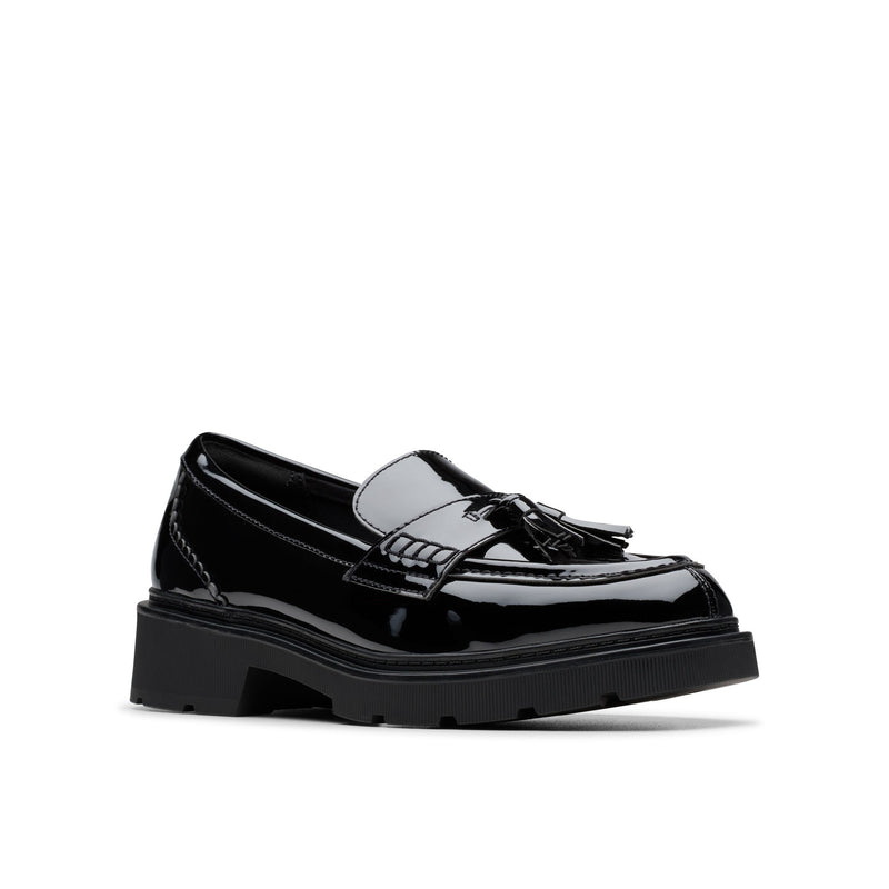 Girls Clarks Lauryl Tassel School Shoes - Black Patent