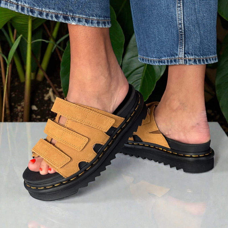 Womens Dr Martens Raine Suede Velcro Strap Mule Sandals - Tan - Tan