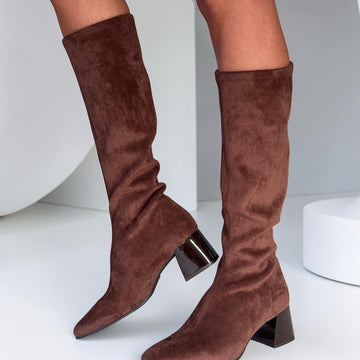 Womens Miss Elastic 75435 Suede Stretch Long Boots - Marron Brown