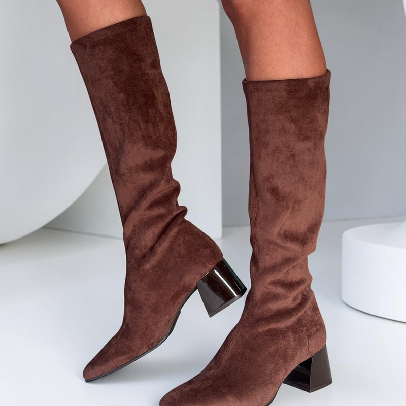 Womens Miss Elastic 75435 Suede Stretch Long Boots - Marron Brown