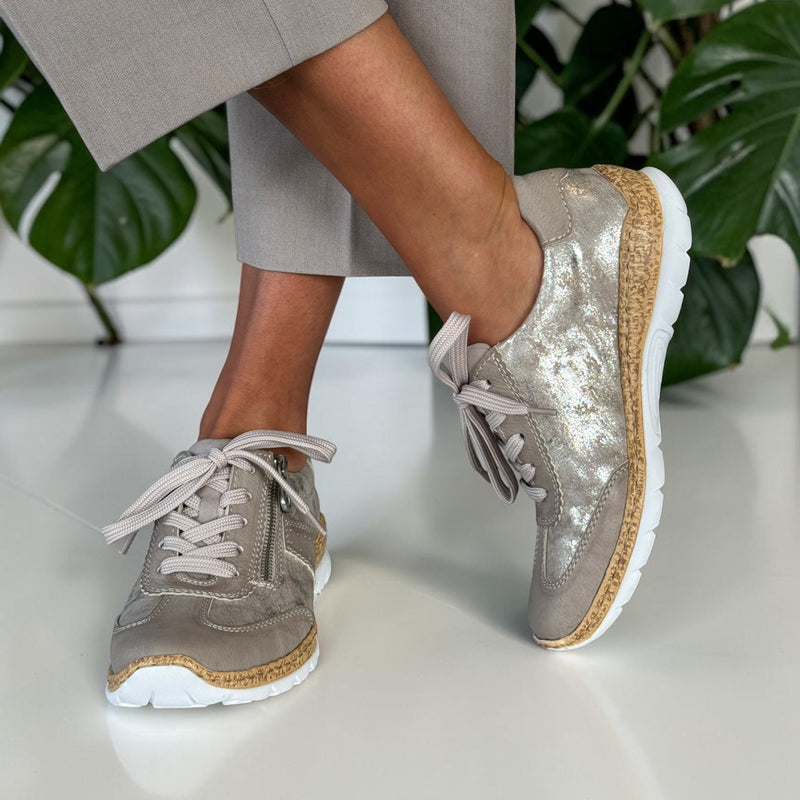 Womens Rieker N4221 Grey Metallic Cork Sole Side Zip Shoes - Silver