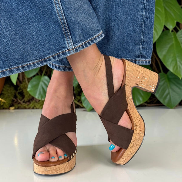 Womens Marco Tozzi 28366 Brown Cork Platform Block Heel Sandals - Mocca Brown