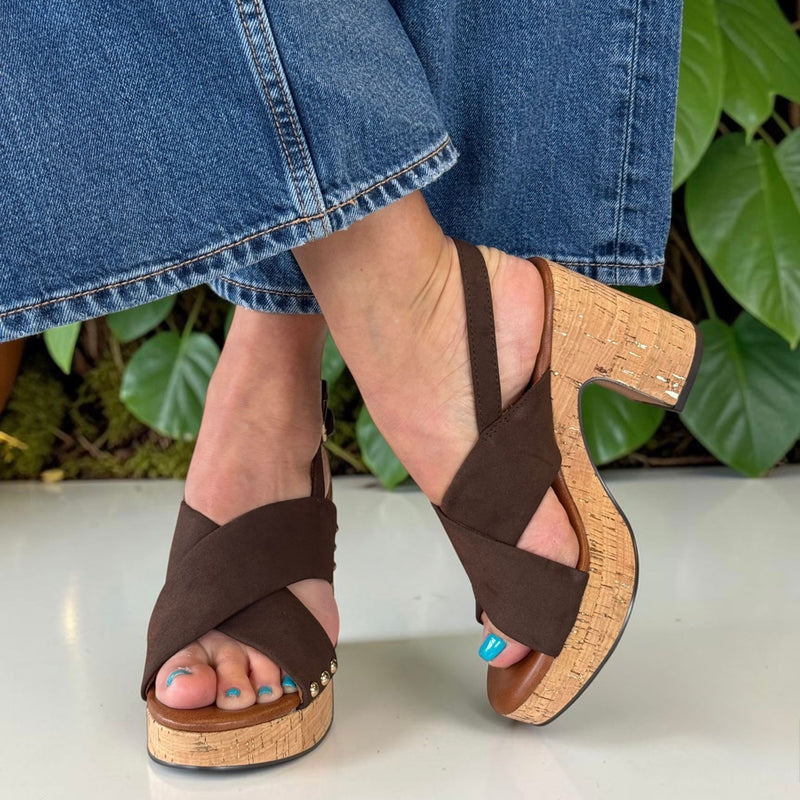 Womens Marco Tozzi 28366 Brown Cork Platform Block Heel Sandals - Mocca Brown