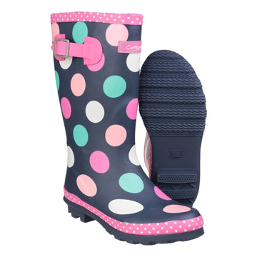 Kids Cotswold Dotty Navy Waterproof Wellingtons - Navy