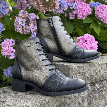 Womens Jose Saenz 2180 Black and Pewter Heeled Ankle Boots - Black
