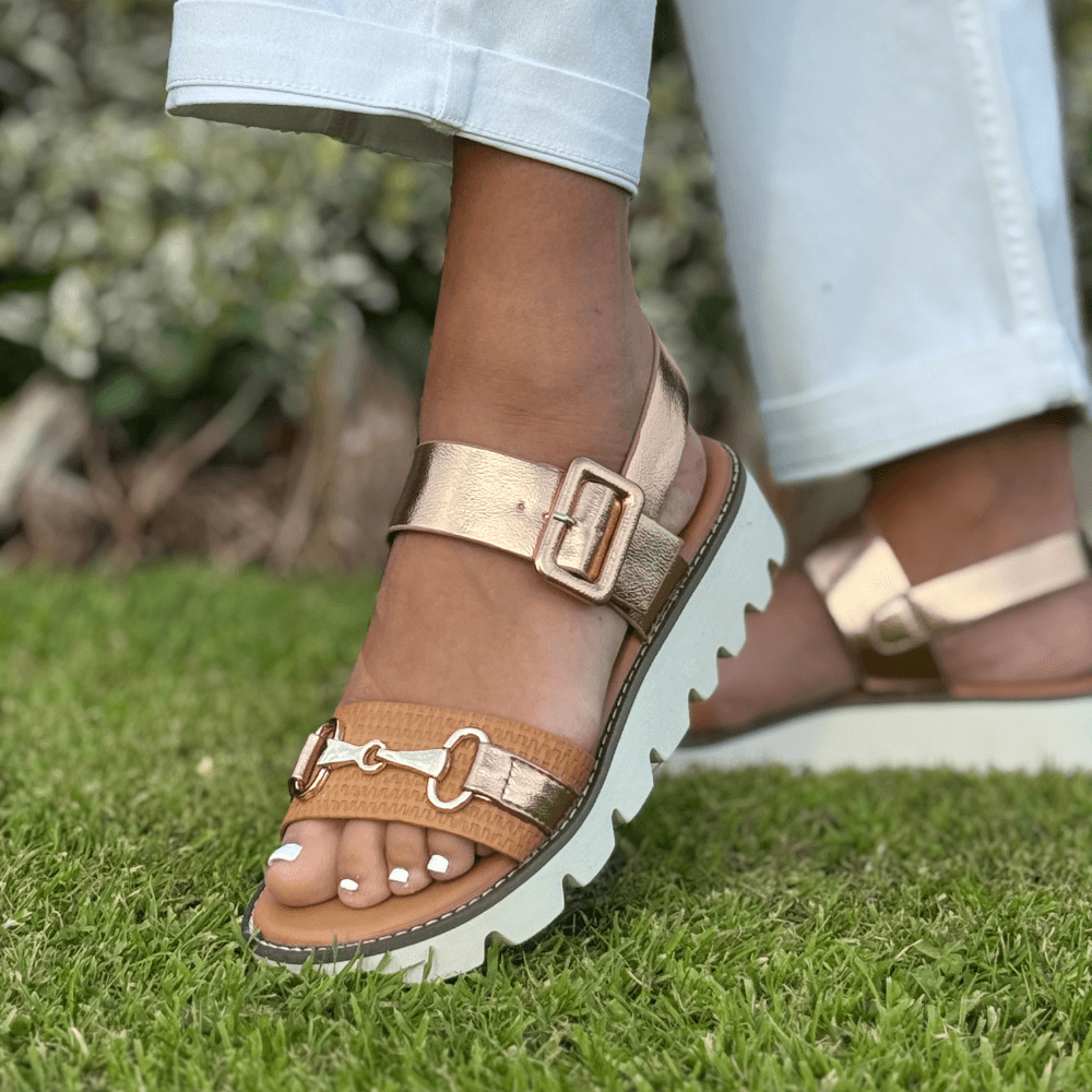 Womens Heavenly Feet Dolores Rose Gold and Tan Buckle Sandals