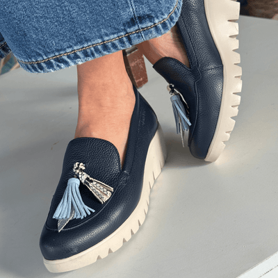 Womens Wonders C-33350 Navy Leather Wedge Loafers - Navy