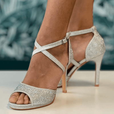 Womens Sorento Lyrath Silver Diamante Open Toe High Heels - Silver