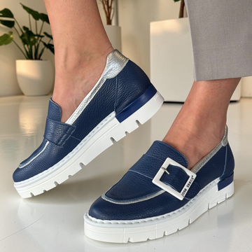 Womens Jose Saenz 2017 Navy And Silver Buckle Detail Loafer - Navy And Silver