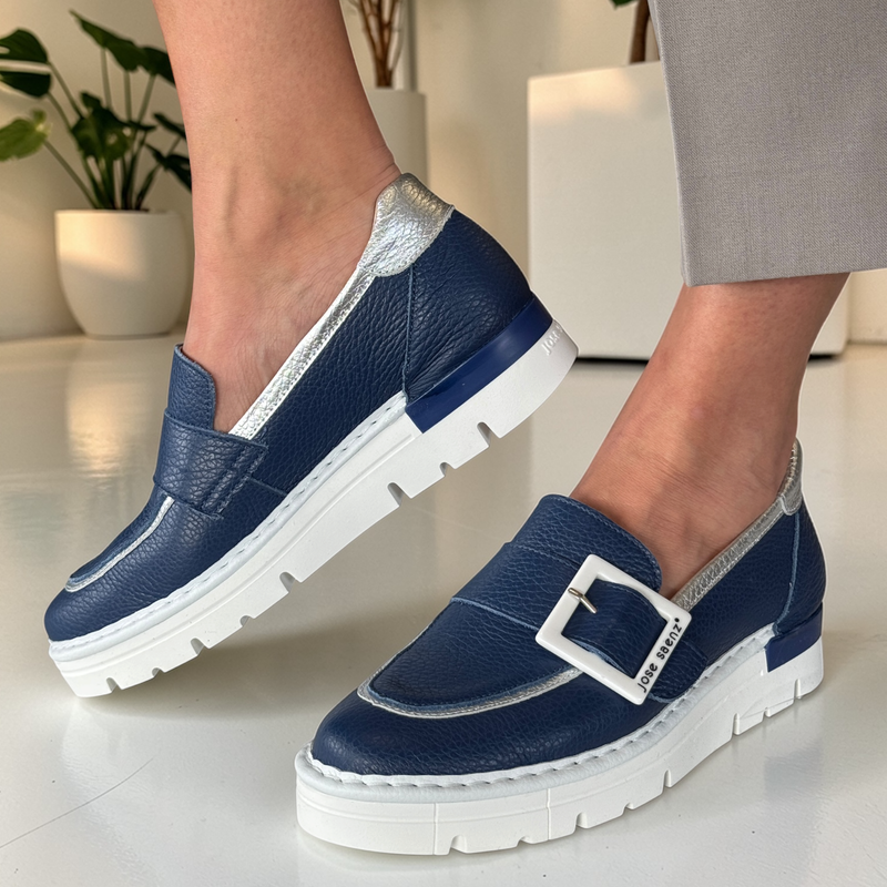 Womens Jose Saenz 2017 Navy And Silver Buckle Detail Loafer - Navy And Silver