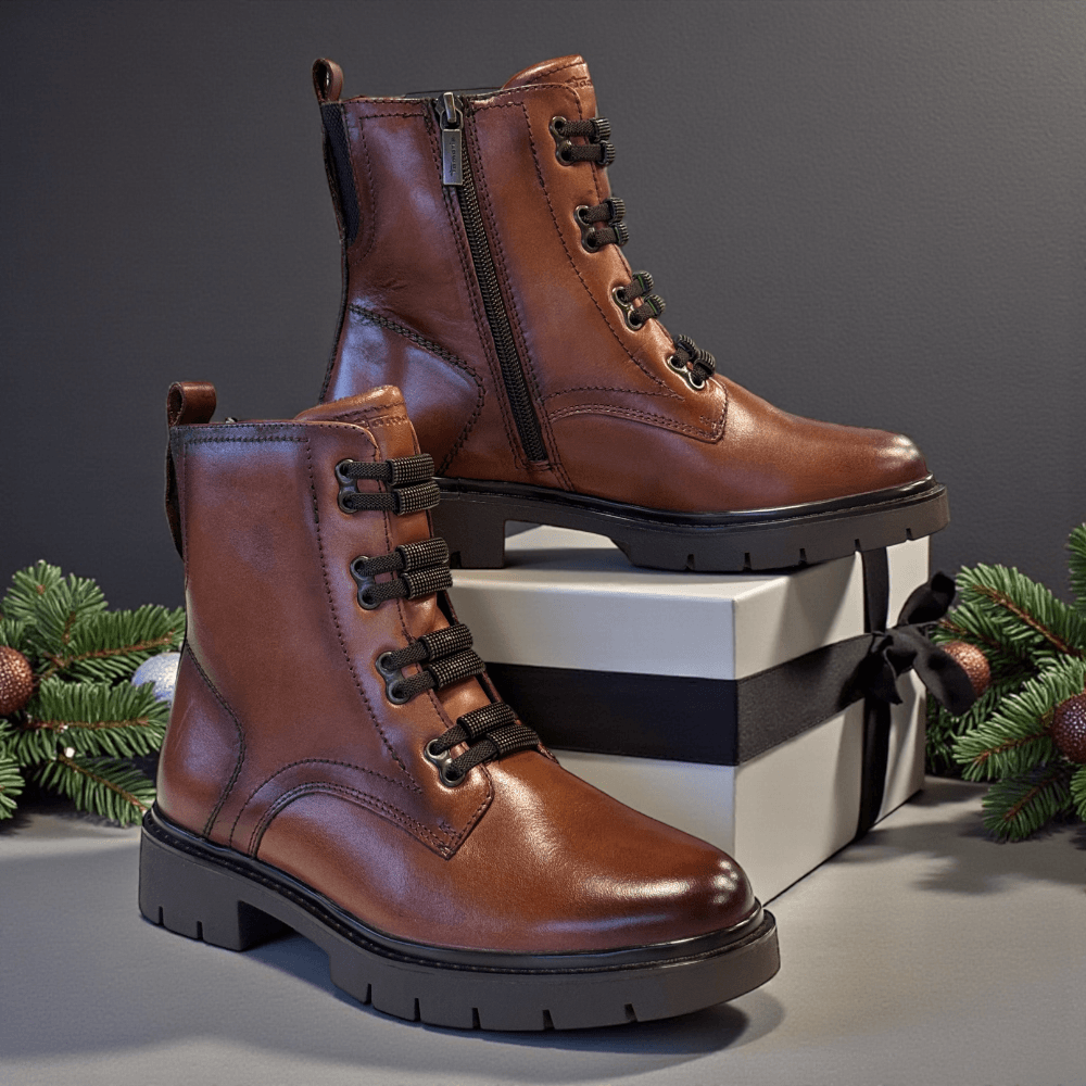 Womens Tamaris Comfort 85217 Dark Tan Leather Lace Up Biker Boots