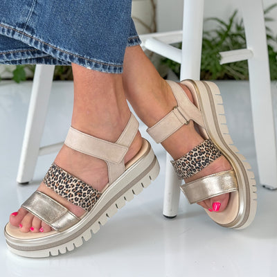 Womens Gabor 84.620 Alfa Beige Leopard Wedge Sandal - Beige Gold