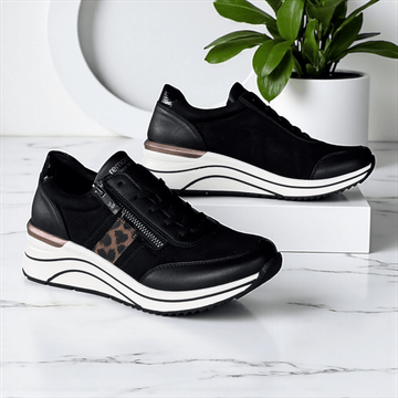 Womens Remonte D0T09 Black with Leopard Wedge Side Zip Trainers - Black Combi