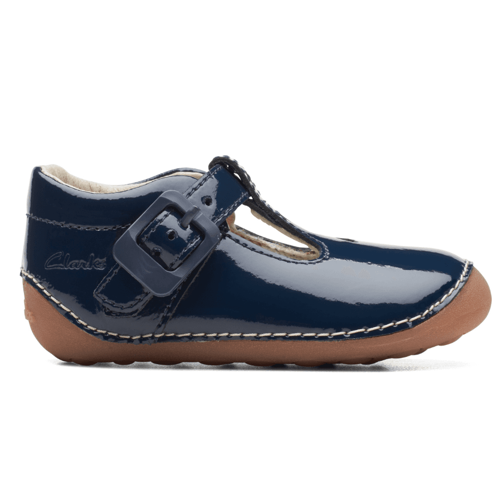 Infant Girls Clarks Tiny Beat Navy Patent-Bar Pre Walker Shoes