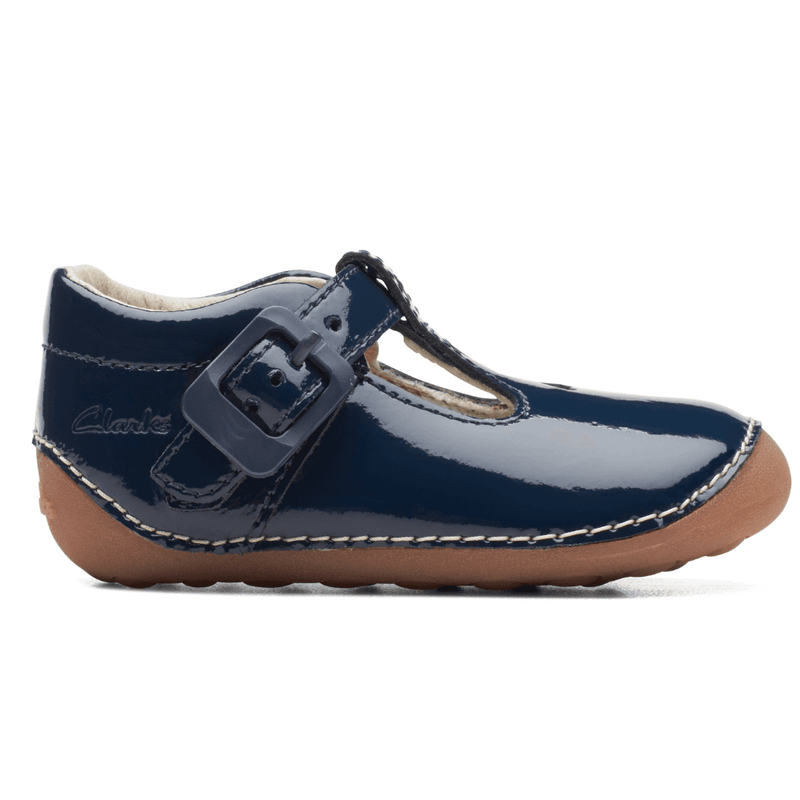 Infant Girls Clarks Tiny Beat Navy Patent-Bar Pre Walker Shoes - Navy