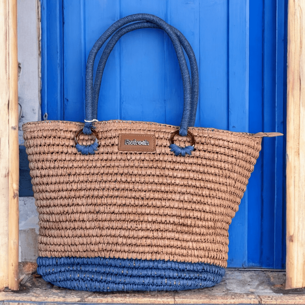 Refresh 183303 Tan and Blue Woven Beach Bag