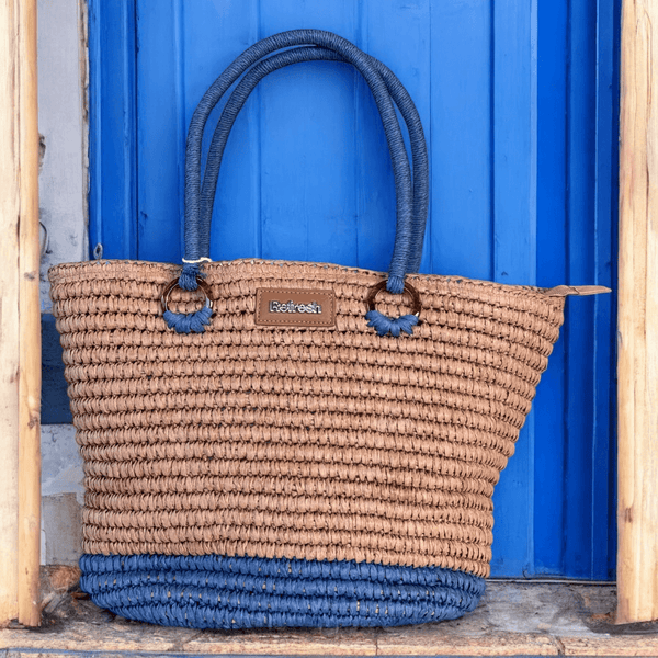 Refresh 183303 Tan and Blue Woven Beach Bag - Tan