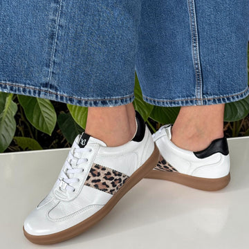 Womens Caprice 23705 White Black and Leopard Gumsole Trainers - White