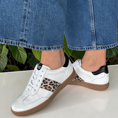 Womens Caprice 23705 White Black and Leopard Gumsole Trainers - White