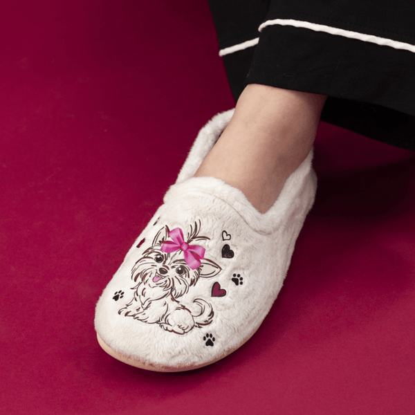 Womens Lazy Dogz Escape White Dog Faux Fur Slippers - White