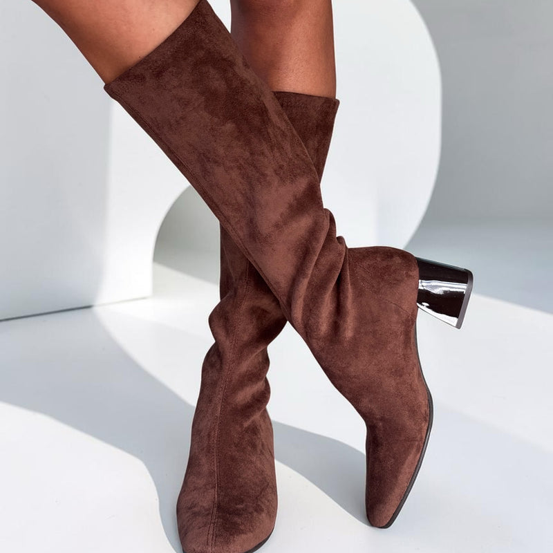 Womens Miss Elastic 75435 Suede Stretch Long Boots - Marron Brown