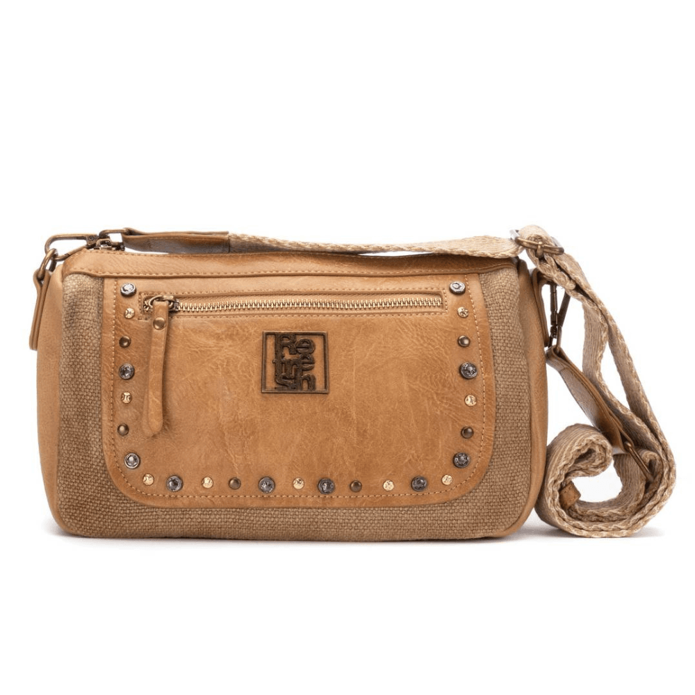 Womens Refresh 183363 Camel Hessian Stud Crossbody Bag