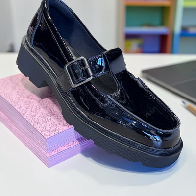 Girls Clarks Lauryl T-Bar School Shoes - Black Patent