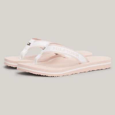 Womens Tommy Hilfiger Monotype Webbing Strap Flip Flops - Ecru Whimsy Pink