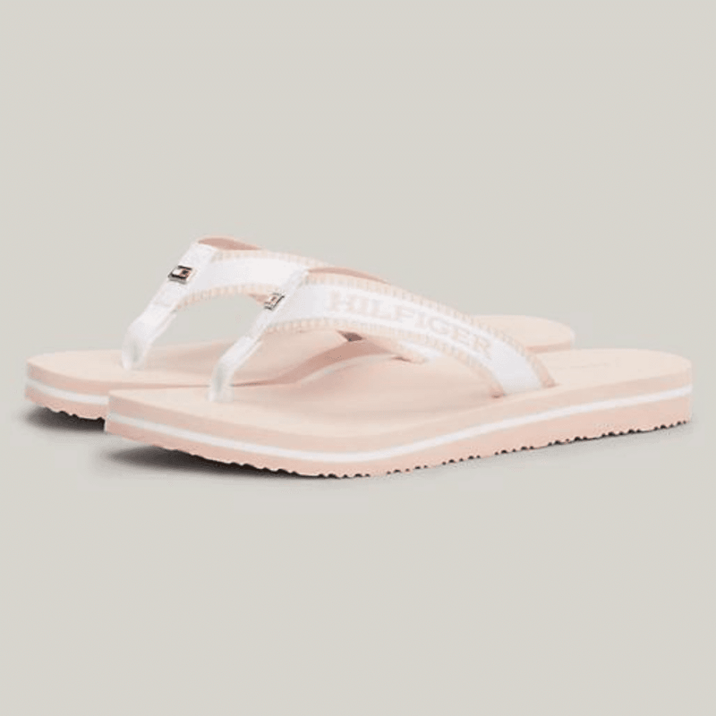 Womens Tommy Hilfiger Monotype Webbing Strap Flip Flops - Ecru Whimsy Pink