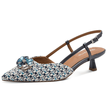 Womens Tamaris 29512 Navy Tweed Slingback Kitten Heels - Blue Combi