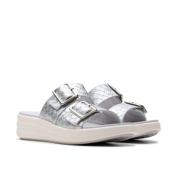 Womens Clarks Drift Buckle Silver Metallic Wedge Sandals - Silver Metallic