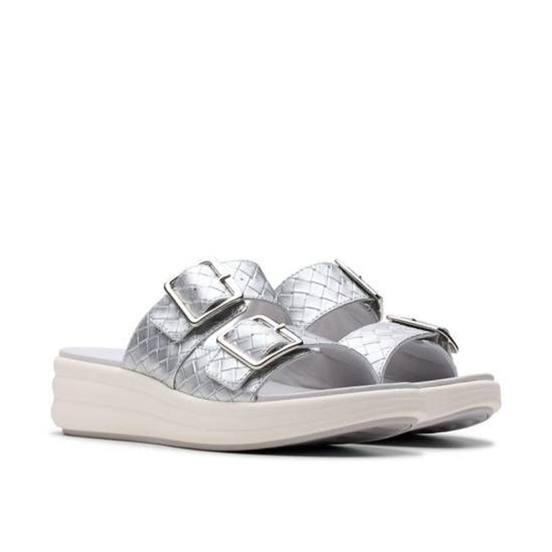 Womens Clarks Drift Buckle Silver Metallic Wedge Sandals - Silver Metallic