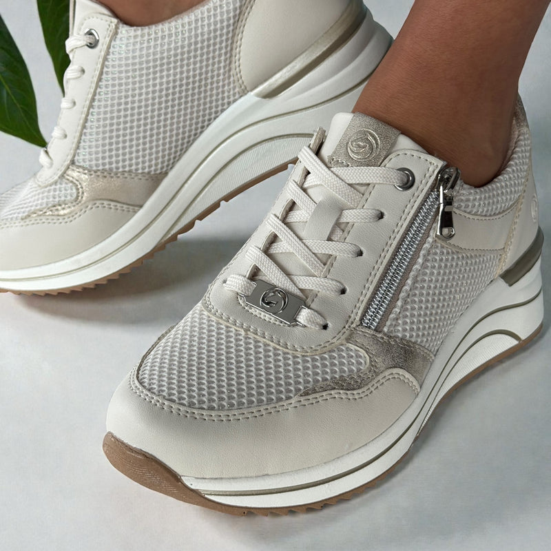 Womens Remonte D0T19 Beige Mesh Side Zip Wedge Trainers - Beige Gold