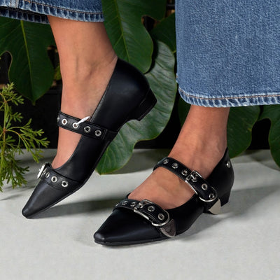 Womens Xti 144266 Buckle 2 Strap Flat Pumps - Black