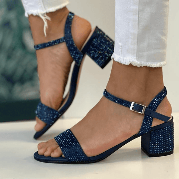 Womens Glamour Adele Diamante Low Block Heels - Navy