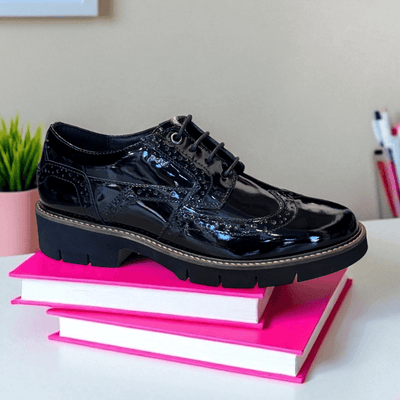 Girls Pod Kacey Brogue School Shoes- Black Patent - Black Patent