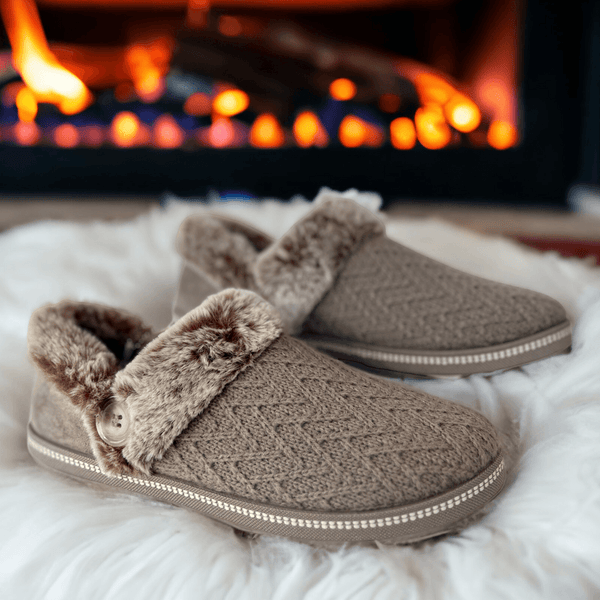 Womens Skechers Cozy Campfire Knit Faux Fur Trim Slippers - Taupe