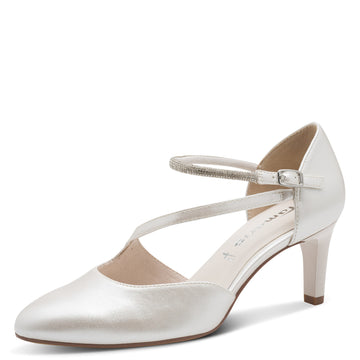Womens Tamaris 22425 Pearl Round Toe Block Heels - Pearl