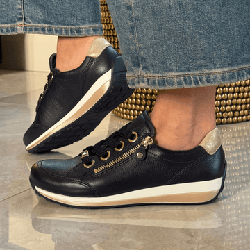 Womens Ara Osaka Dark Navy with Gold Side Zip Leather Trainers - Dark Navy and Gold