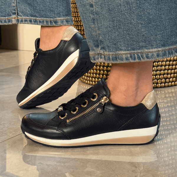 Womens Ara Osaka Dark Navy with Gold Side Zip Leather Trainers - Dark Navy and Gold