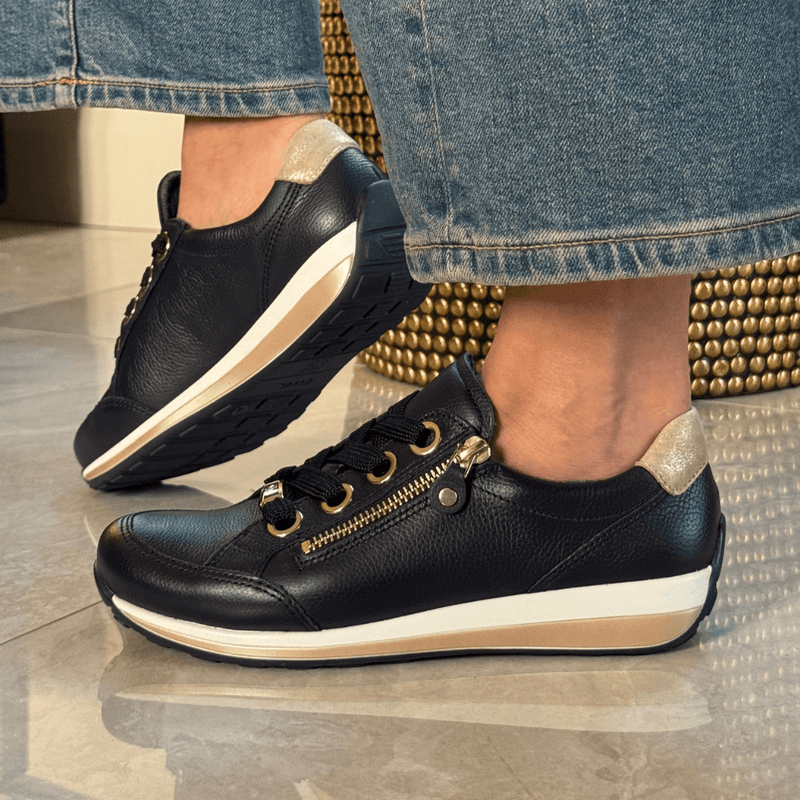 Womens Ara Osaka Dark Navy with Gold Side Zip Leather Trainers - Dark Navy and Gold