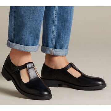 Girls Clarks Griffin Town Black Leather T-Bar Shoes - Black Leather