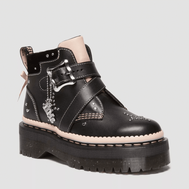 Womens Dr Martens Caitie Leather Buckle Platform Boots- Black and Pink - Black