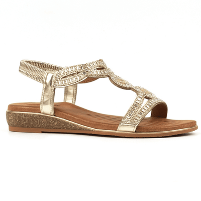 Womens Lunar Jordan Wide Fit Diamante T-Bar Sandals - Gold