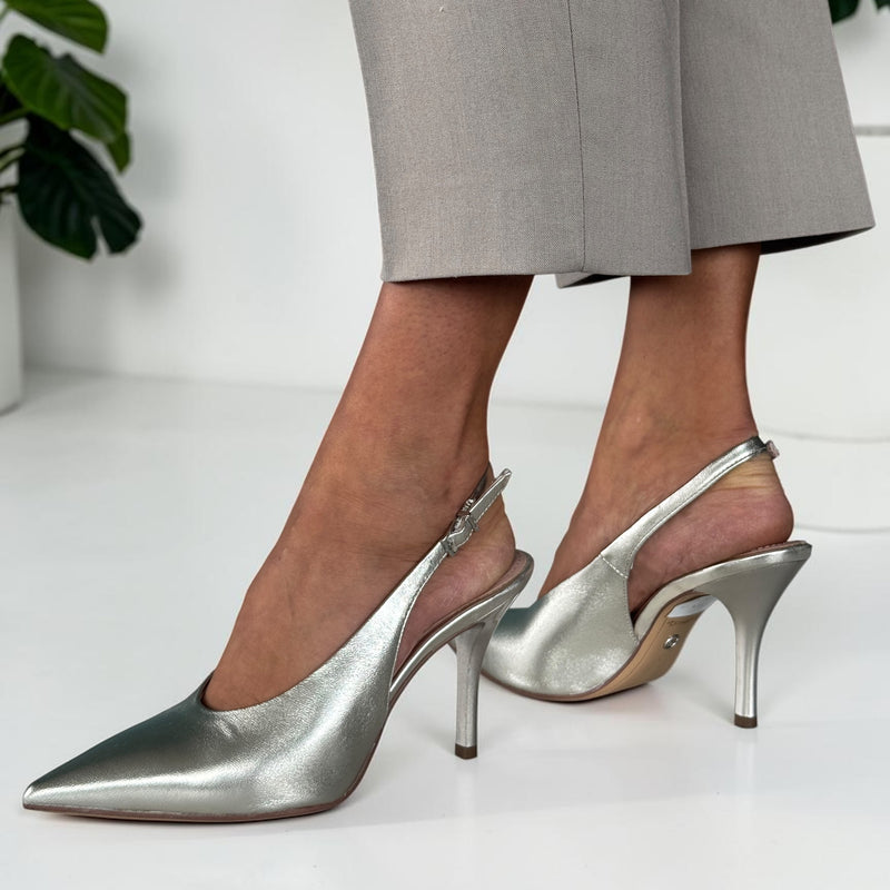Womens Tamaris 29642 Leather Slingback Pointed Toe Heels - Platinum