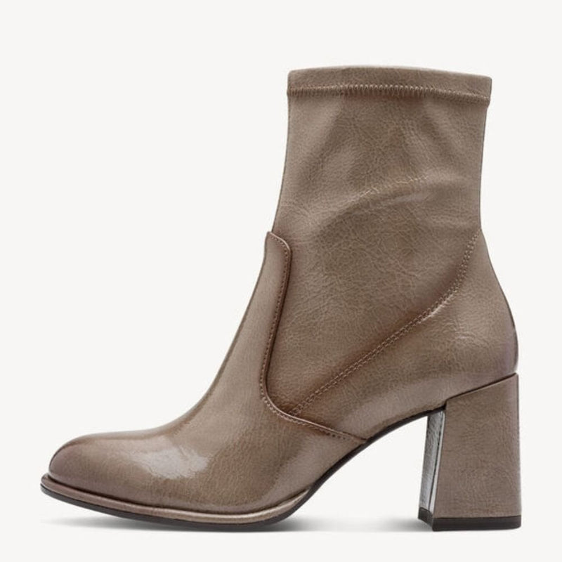 Womens Tamaris 25357 Taupe Stretch Patent Block Heel Ankle Boots - Taupe