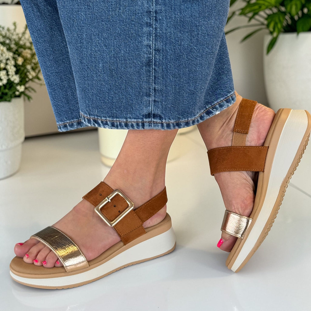Lunar Dion Tan and Gold Sandals