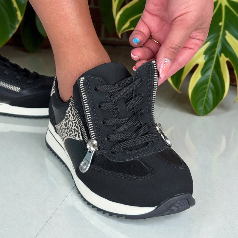 Womens Rieker N1210 Black with Leopard Side Zip Trainers - Black Leopard