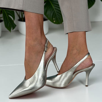 Womens Tamaris 29642 Leather Slingback Pointed Toe Heels - Platinum